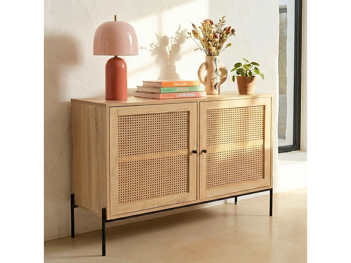 Buffet 2 portes en cannage naturel et effet chêne 110 cm - Iris