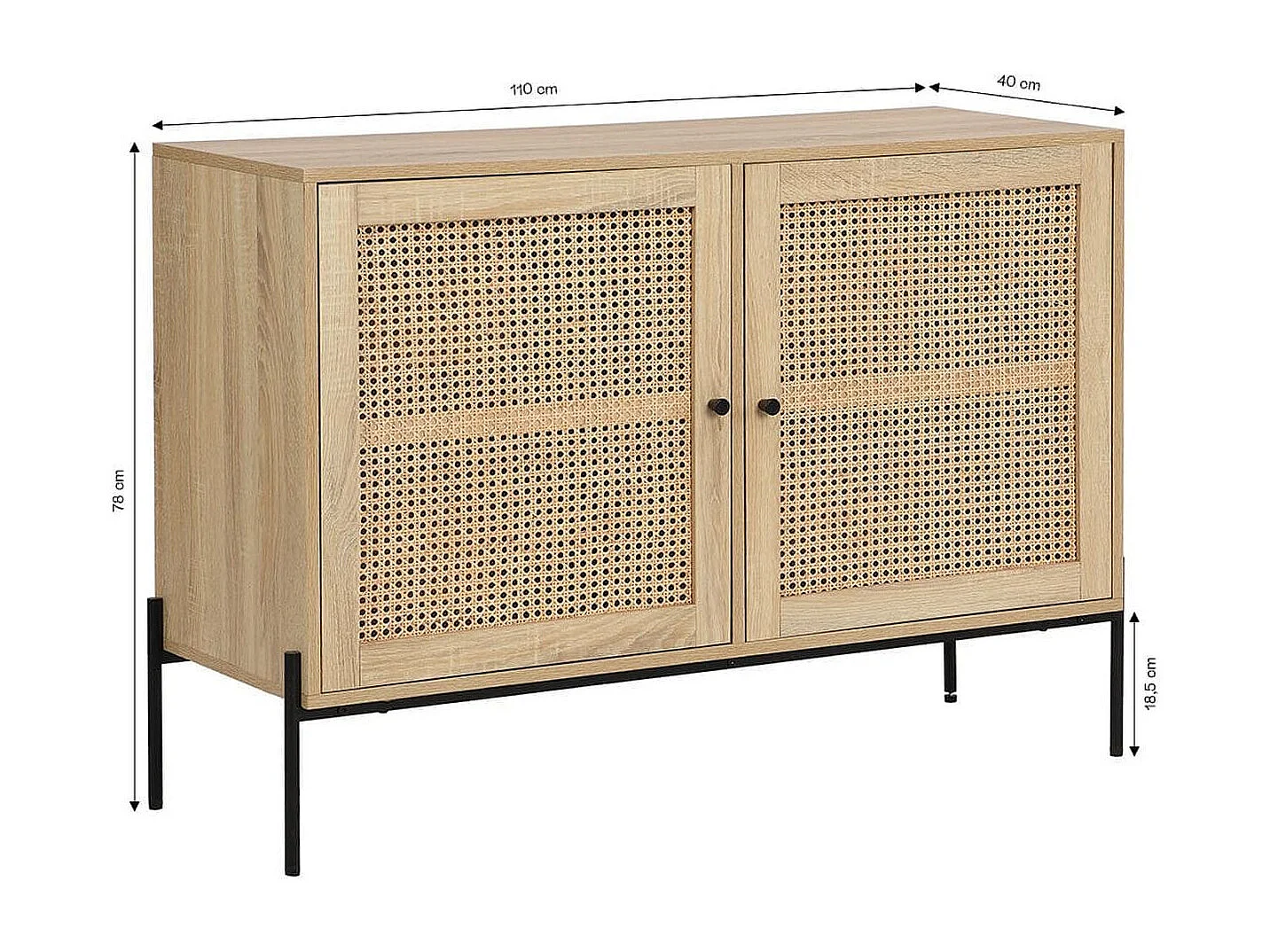 Buffet 2 portes en cannage naturel et effet chêne 110 cm - Iris