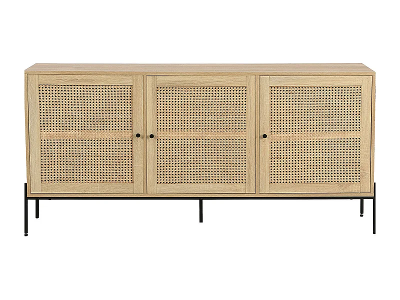 Buffet 3 portes en cannage naturel et effet chêne 160 cm - Iris