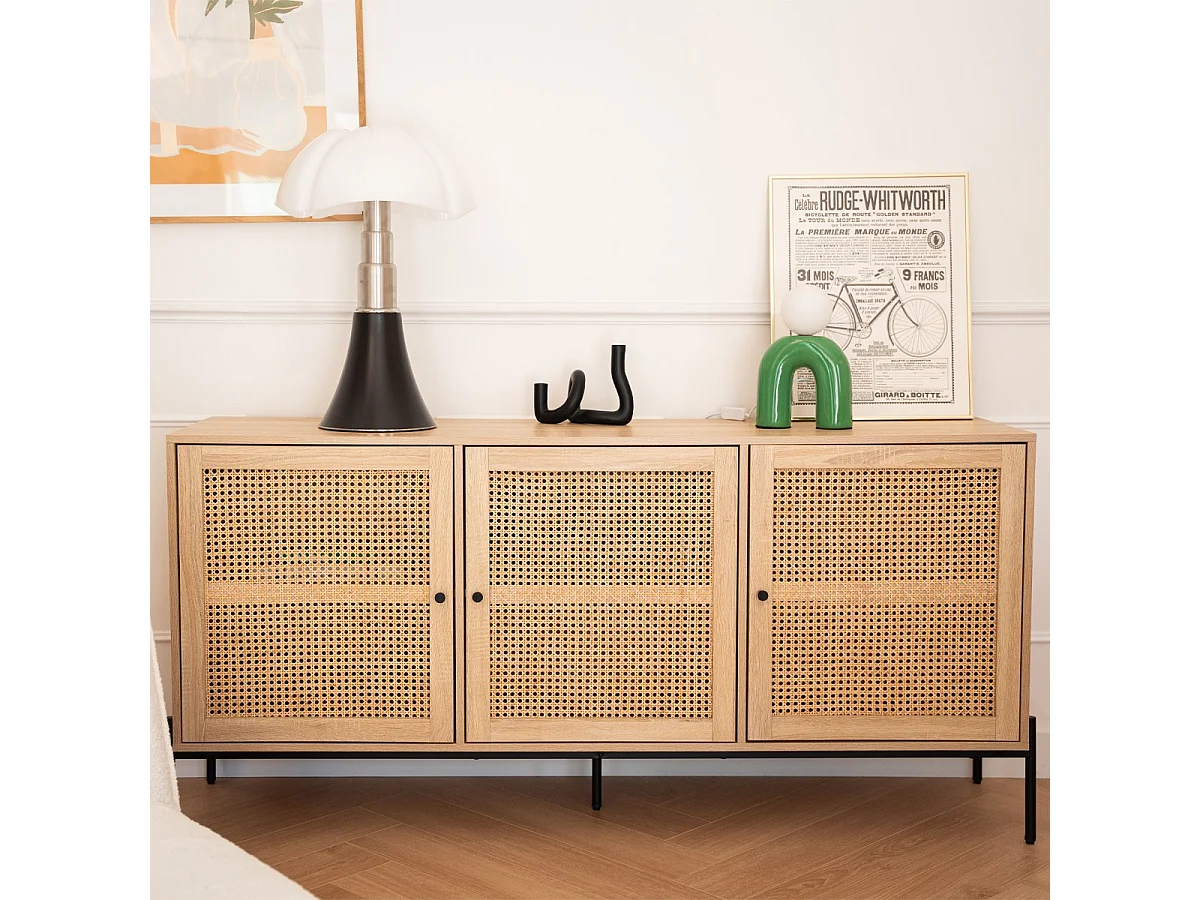 Buffet 3 portes en cannage naturel et effet chêne 160 cm - Iris