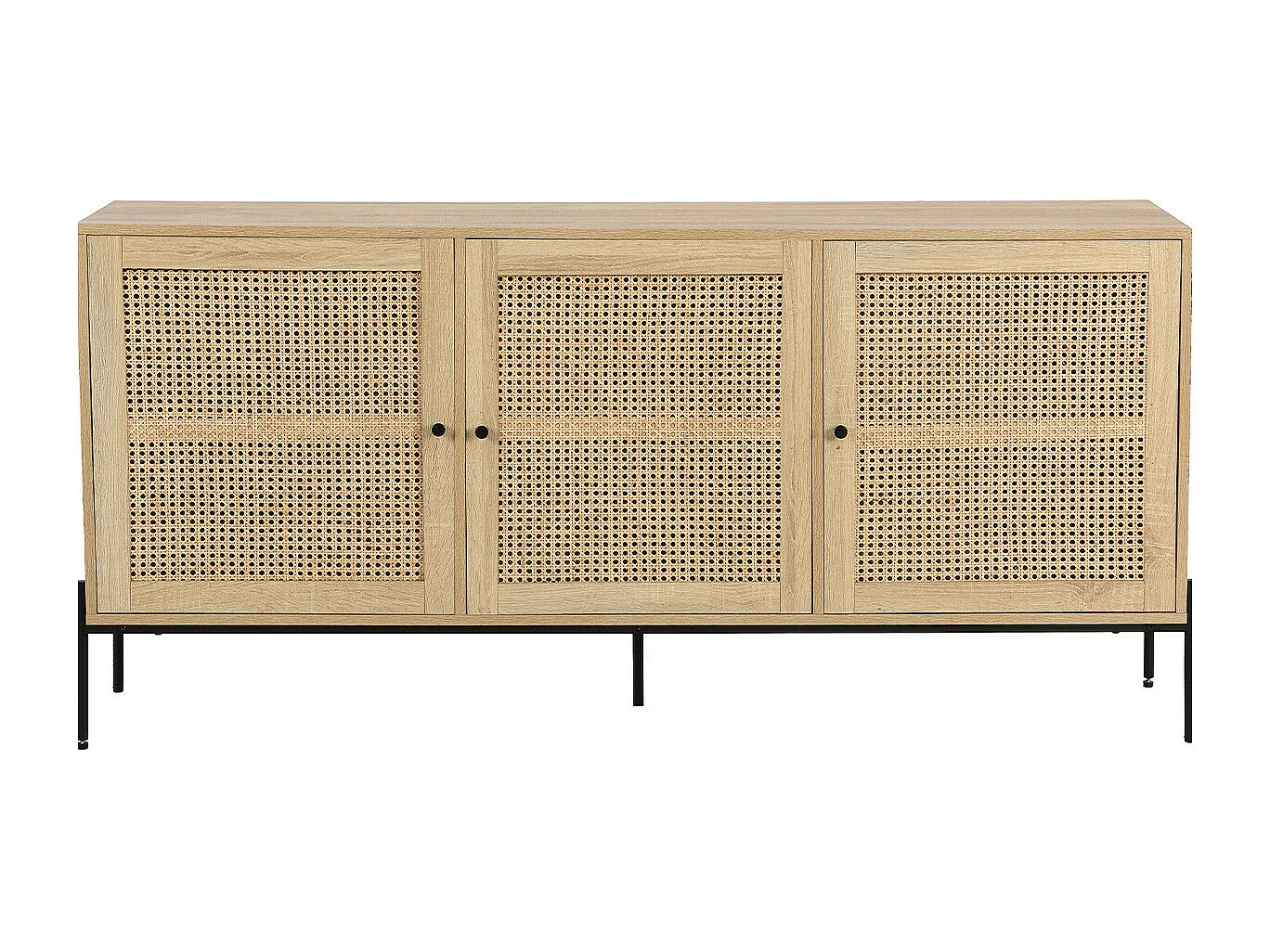 Buffet 3 portes en cannage naturel et effet chêne 160 cm - Iris