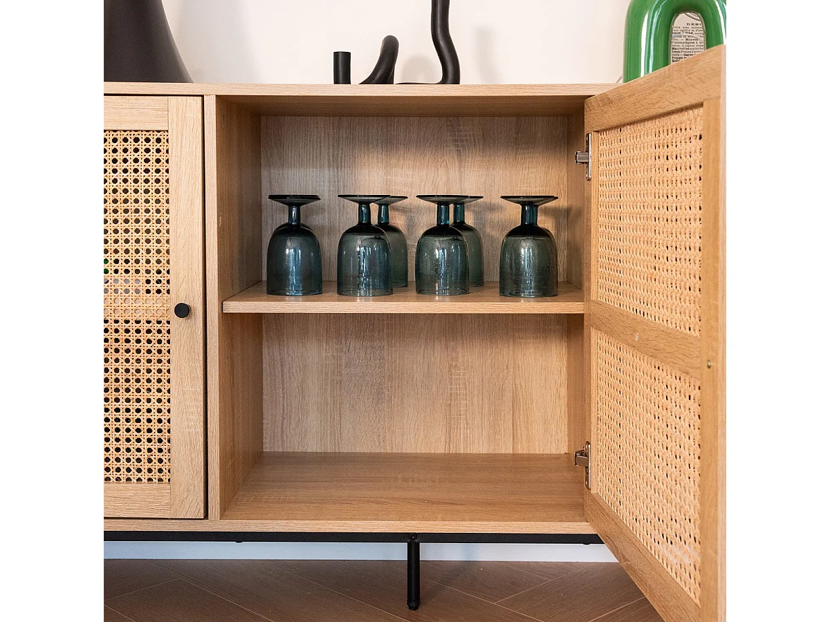 Buffet 3 portes en cannage naturel et effet chêne 160 cm - Iris