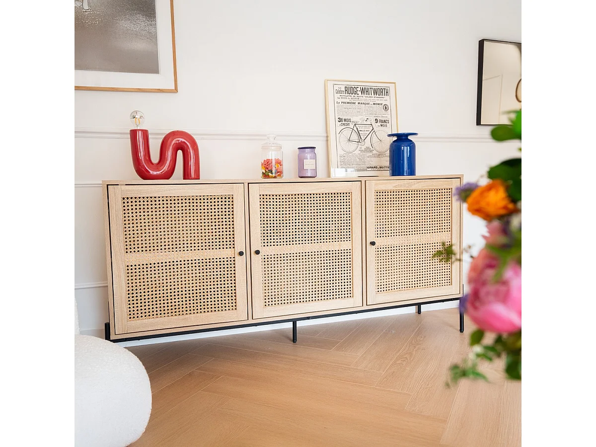 Buffet 3 portes en cannage naturel et effet chêne 160 cm - Iris