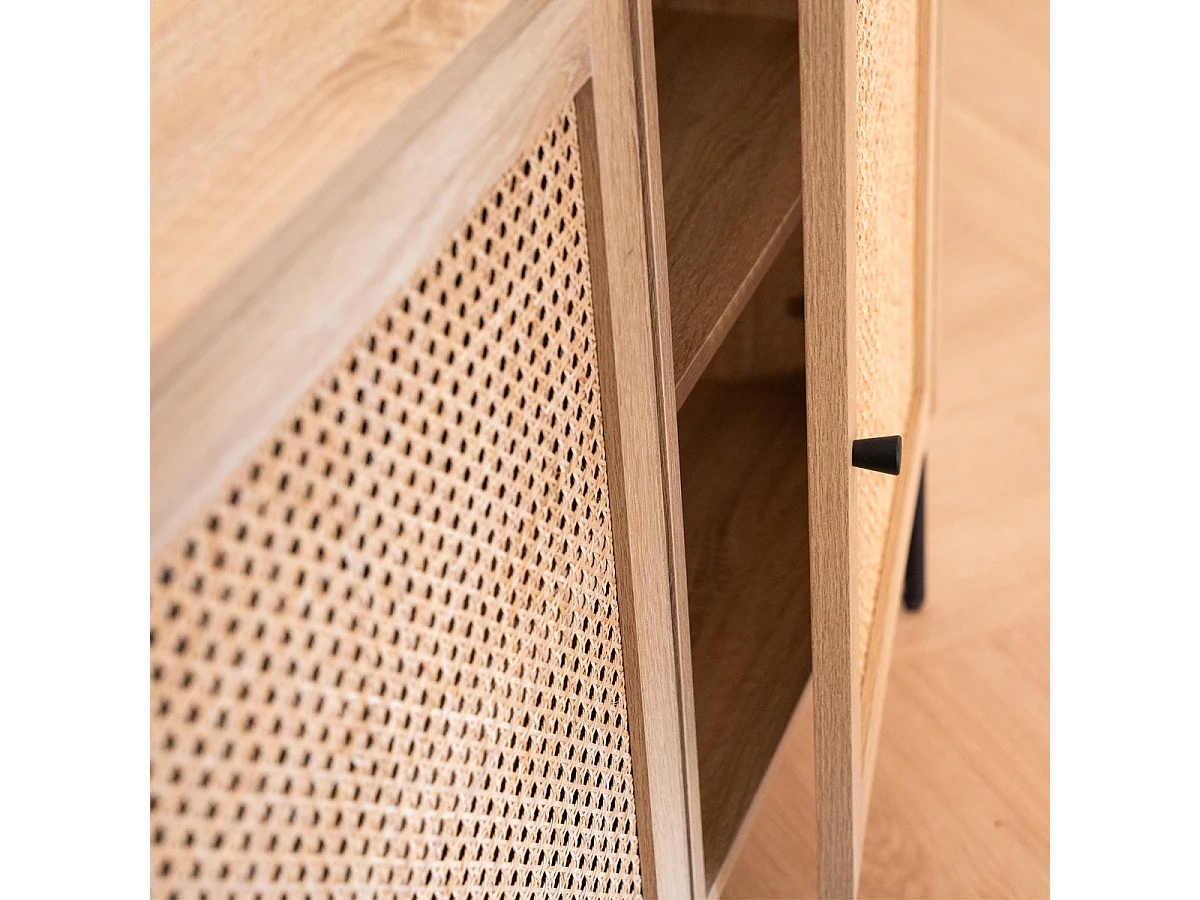 Buffet 3 portes en cannage naturel et effet chêne 160 cm - Iris