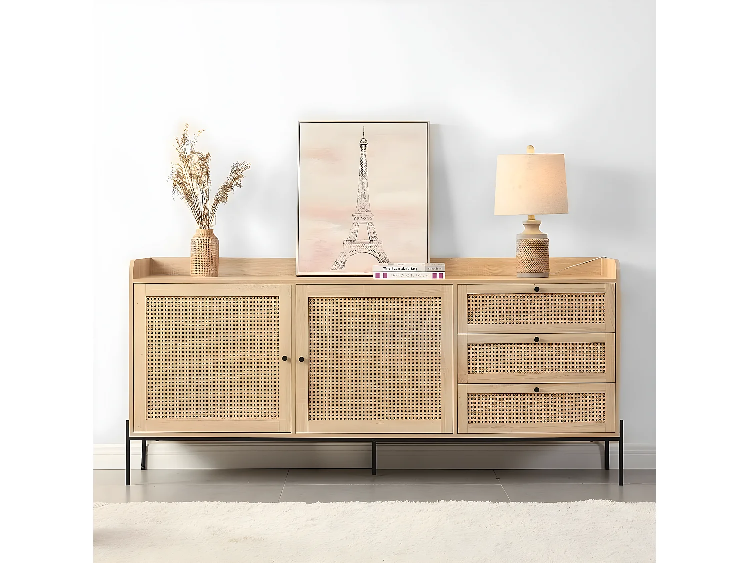 Buffet 2 portes 3 tiroirs en cannage naturel et effet chêne 180 cm - Iris
