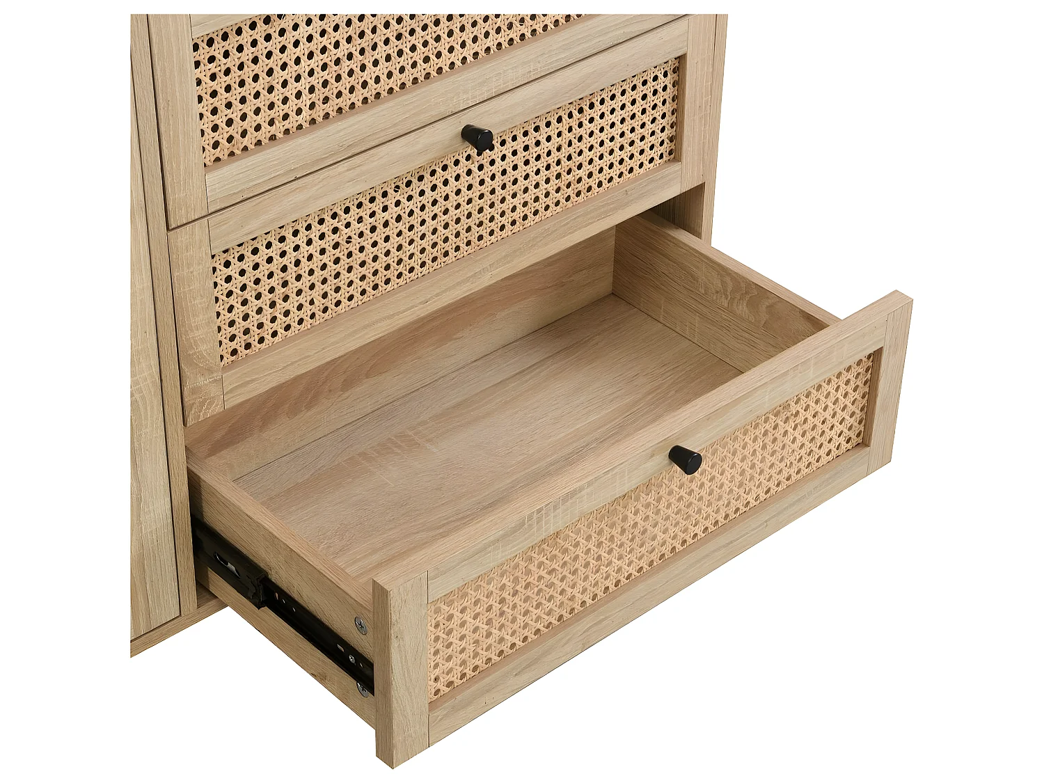 Buffet 2 portes 3 tiroirs en cannage naturel et effet chêne 180 cm - Iris