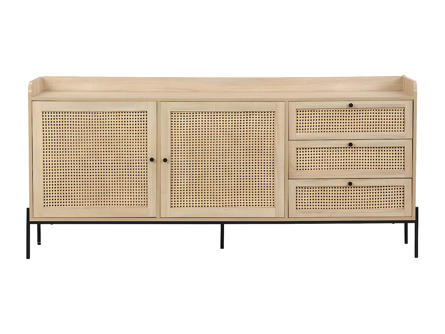 Buffet 2 portes 3 tiroirs en cannage naturel et effet chêne 180 cm - Iris