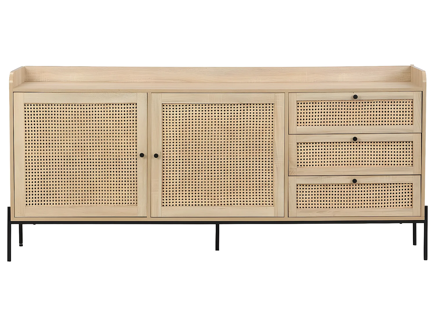 Buffet 2 portes 3 tiroirs en cannage naturel et effet chêne 180 cm - Iris