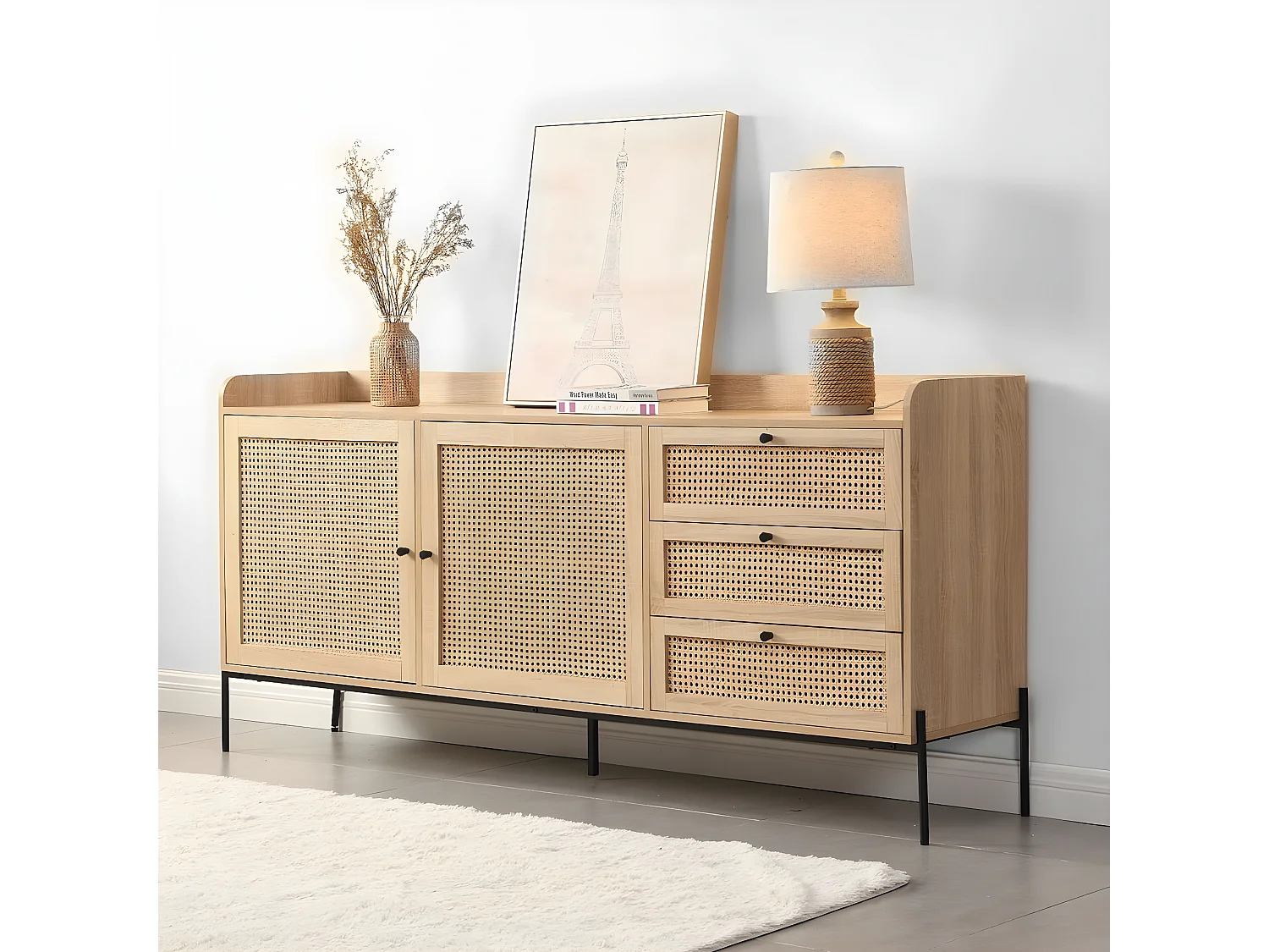 Buffet 2 portes 3 tiroirs en cannage naturel et effet chêne 180 cm - Iris