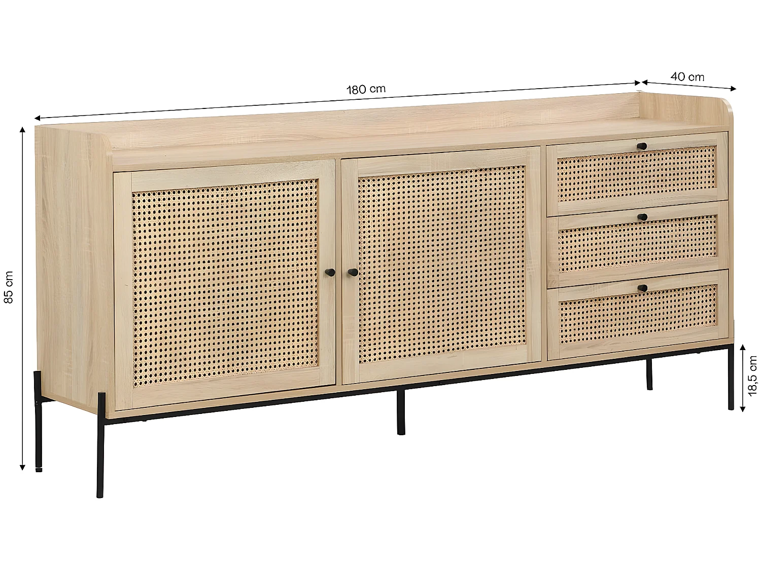 Buffet 2 portes 3 tiroirs en cannage naturel et effet chêne 180 cm - Iris