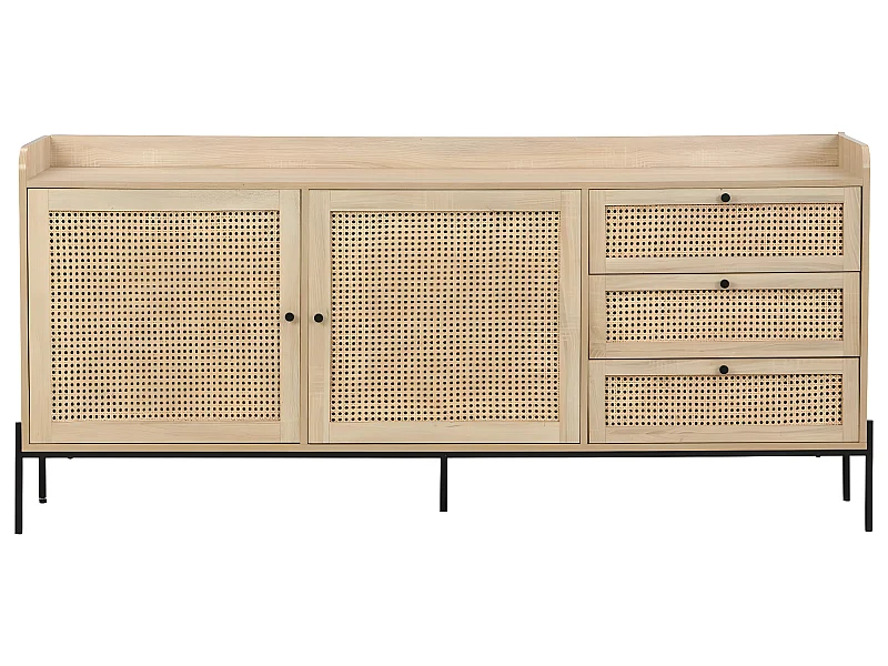 Buffet 2 portes 3 tiroirs en cannage naturel et effet chêne 180 cm - Iris