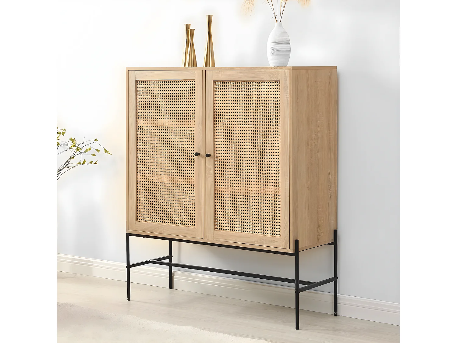 Buffet haut 2 portes en cannage naturel et effet chêne 100 cm - Iris