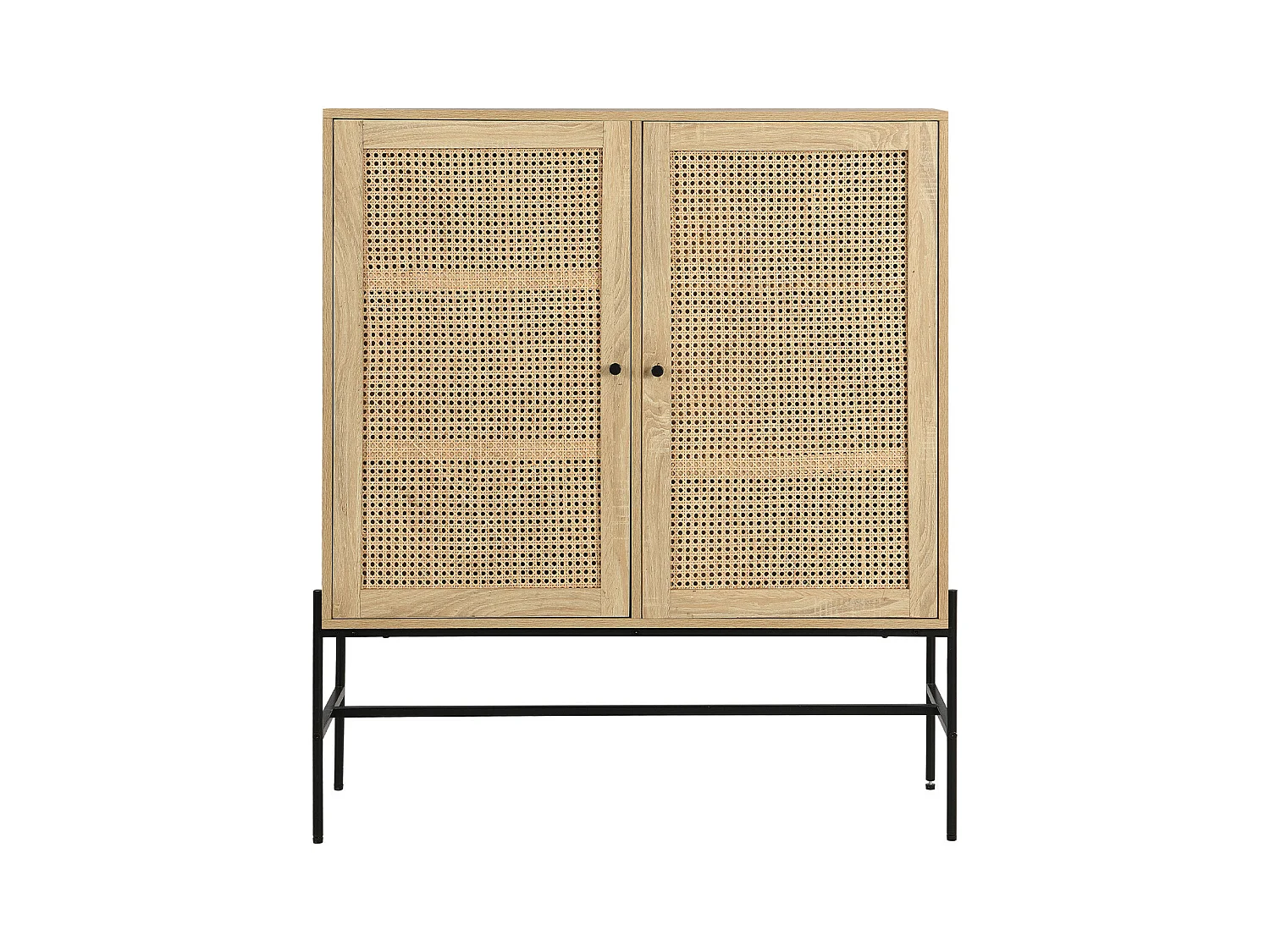 Buffet haut 2 portes en cannage naturel et effet chêne 100 cm - Iris