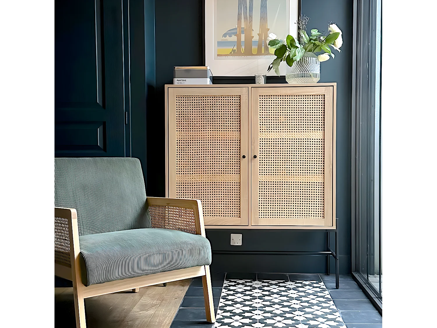 Buffet haut 2 portes en cannage naturel et effet chêne 100 cm - Iris