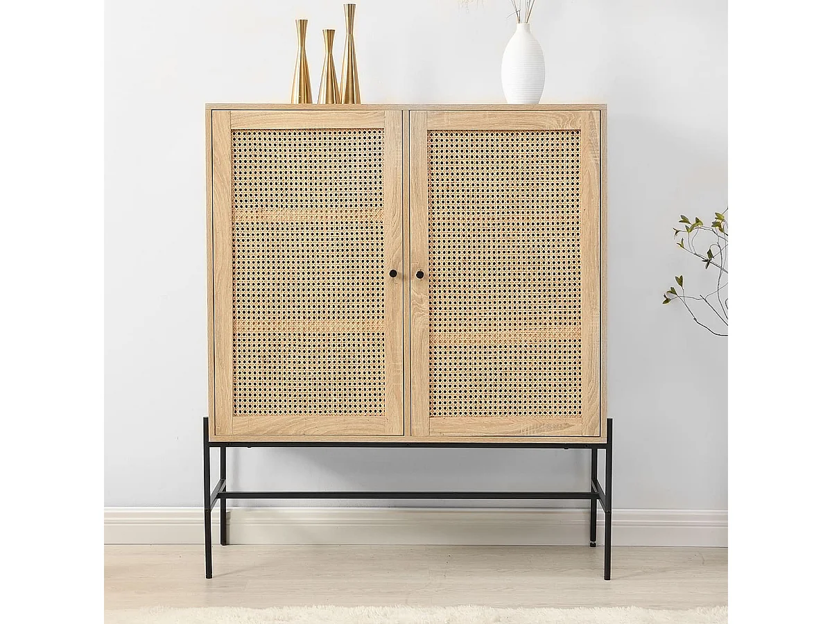Buffet haut 2 portes en cannage naturel et effet chêne 100 cm - Iris