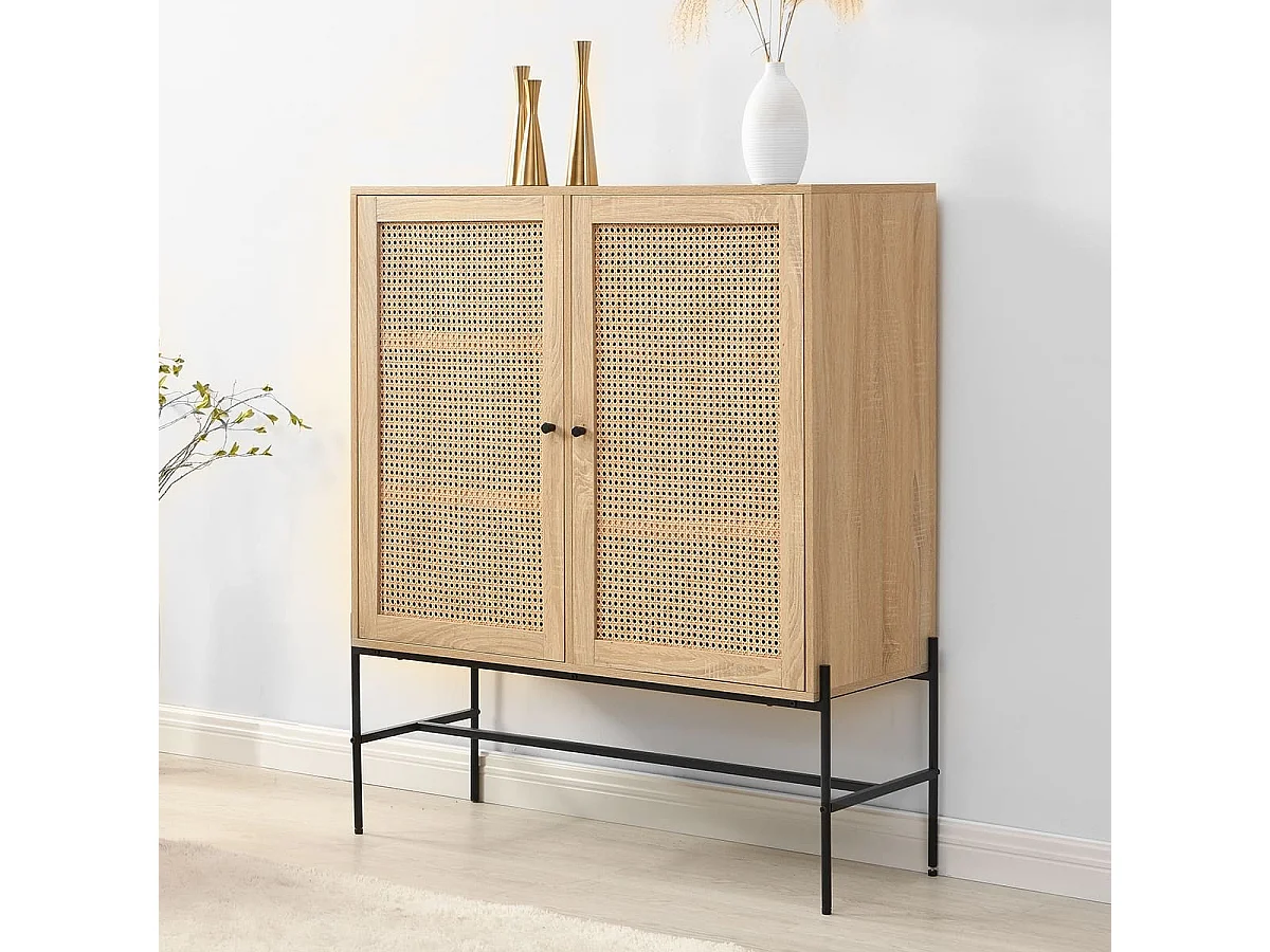 Buffet haut 2 portes en cannage naturel et effet chêne 100 cm - Iris