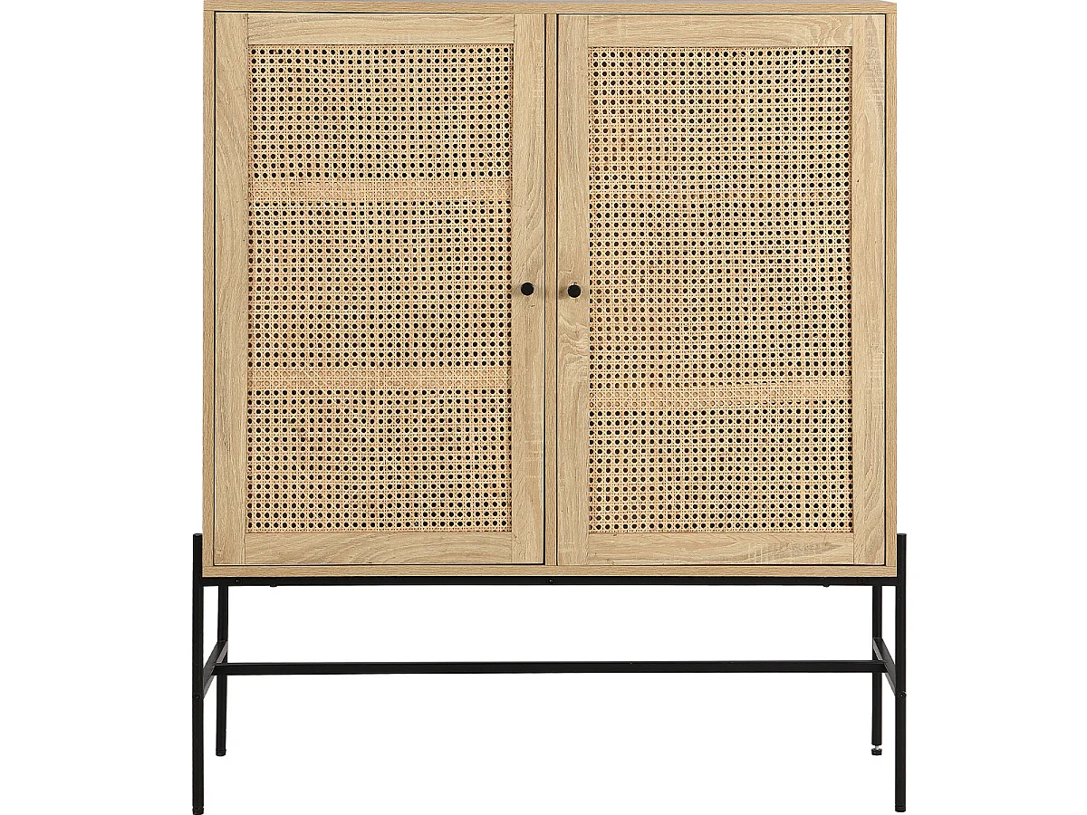 Buffet haut 2 portes en cannage naturel et effet chêne 100 cm - Iris