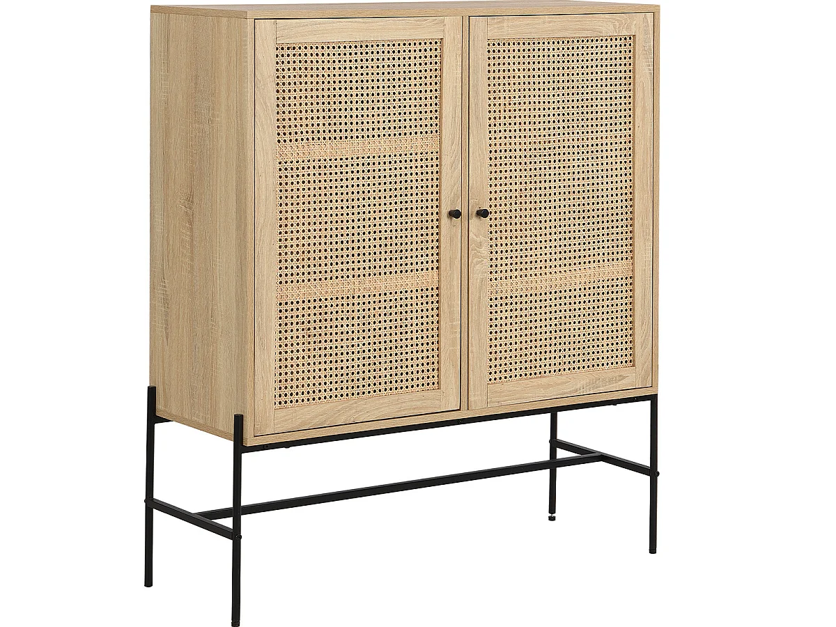 Buffet haut 2 portes en cannage naturel et effet chêne 100 cm - Iris