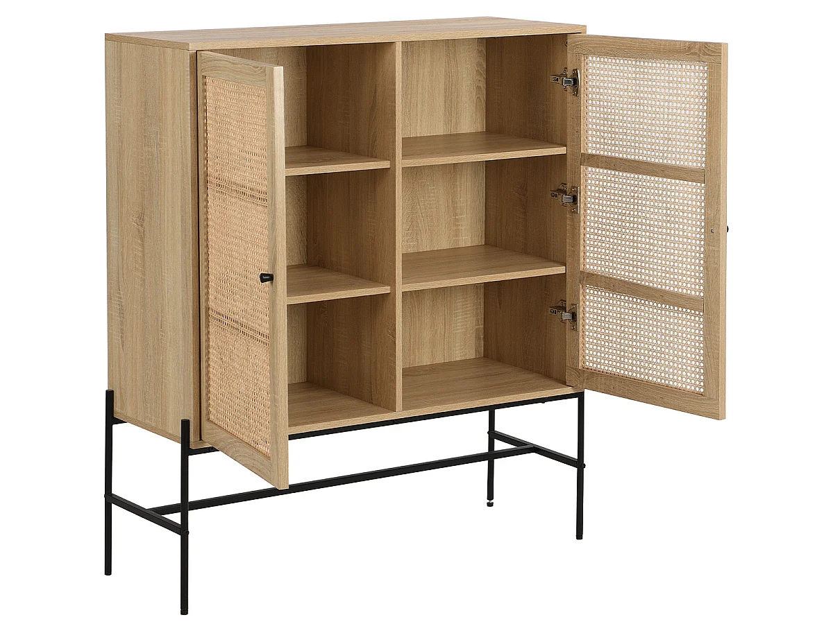 Buffet haut 2 portes en cannage naturel et effet chêne 100 cm - Iris