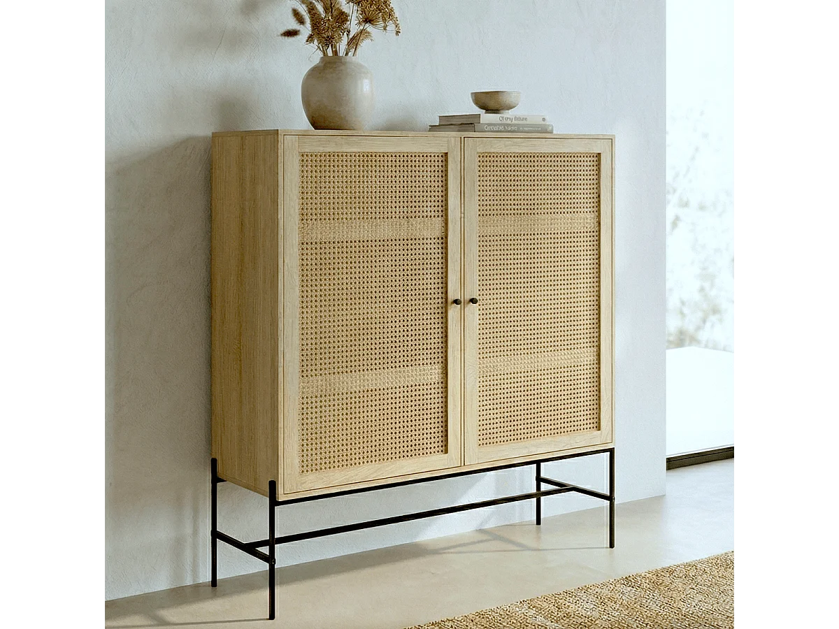 Buffet haut 2 portes en cannage naturel et effet chêne 100 cm - Iris