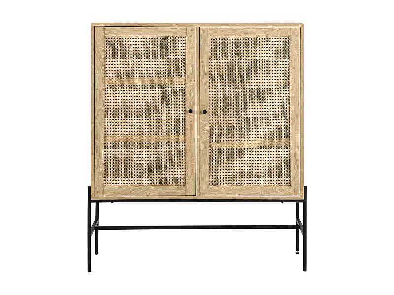 Buffet haut 2 portes en cannage naturel et effet chêne 100 cm - Iris