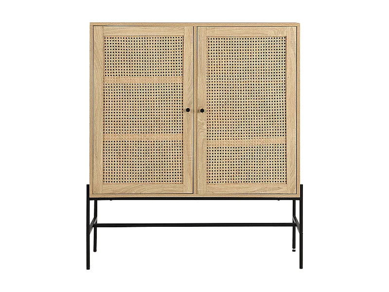 Buffet haut 2 portes en cannage naturel et effet chêne 100 cm - Iris