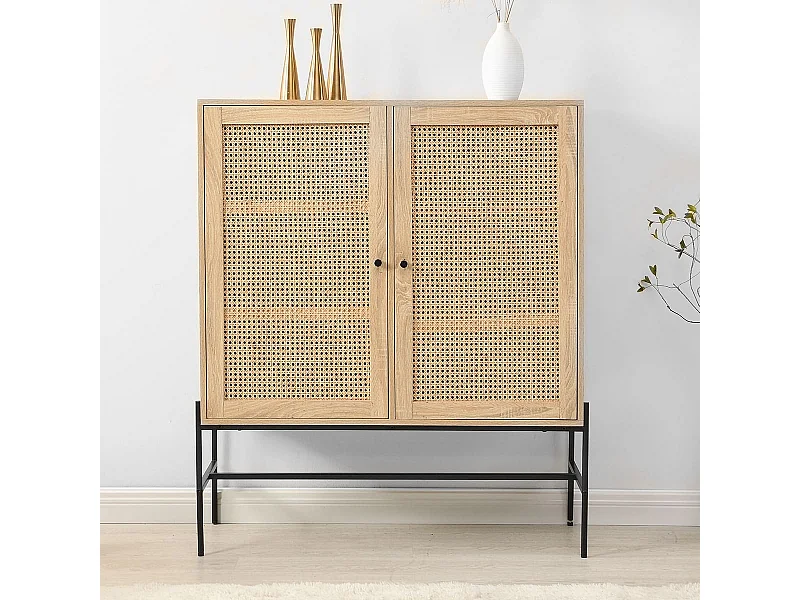 Buffet haut 2 portes en cannage naturel et effet chêne 100 cm - Iris
