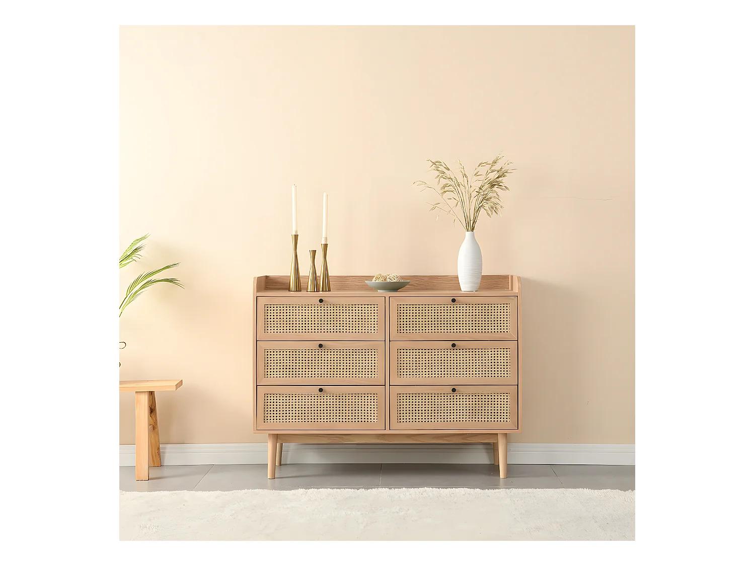 Commode 6 tiroirs en bois et cannage naturel 120 cm - Eden