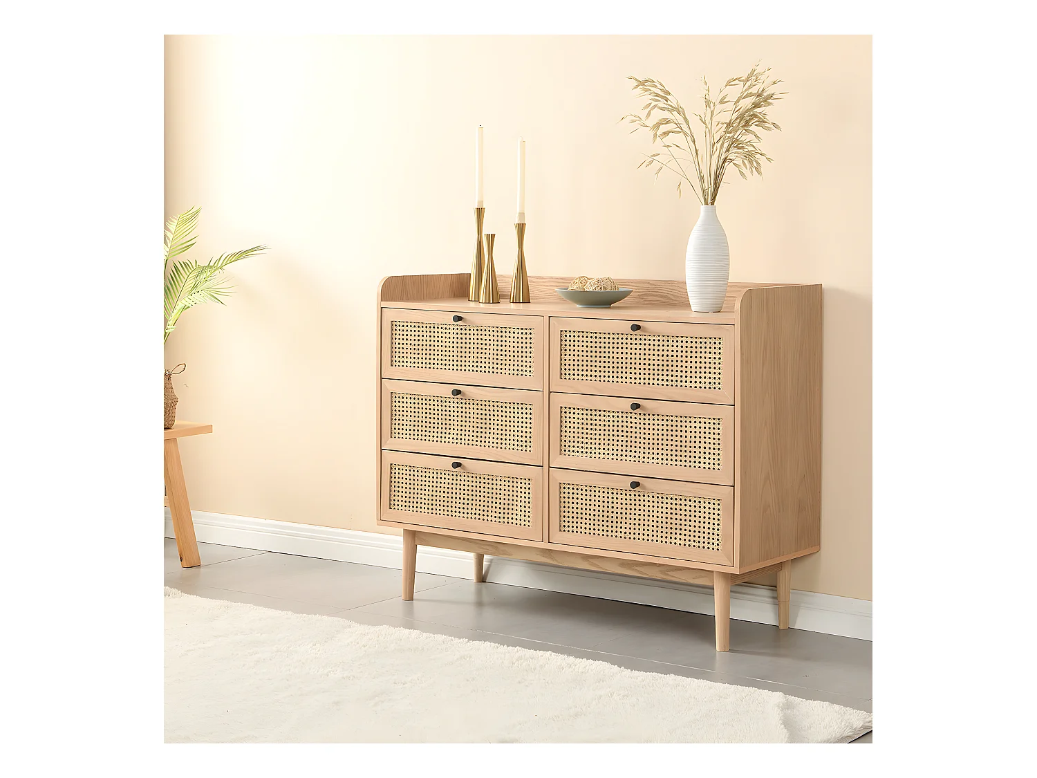 Commode 6 tiroirs en bois et cannage naturel 120 cm - Eden