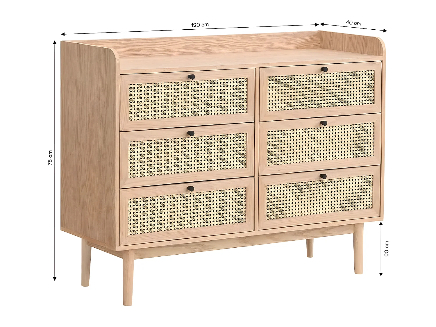 Commode 6 tiroirs en bois et cannage naturel 120 cm - Eden