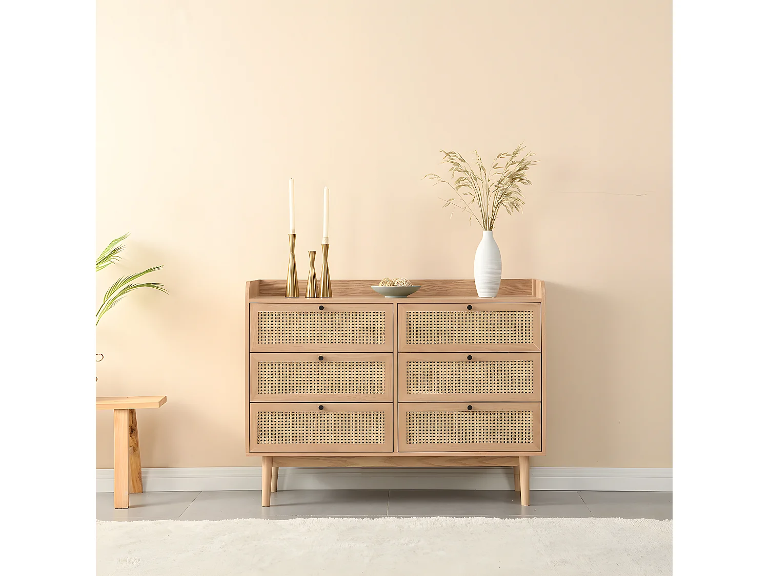 Commode 6 tiroirs en bois et cannage naturel 120 cm - Eden