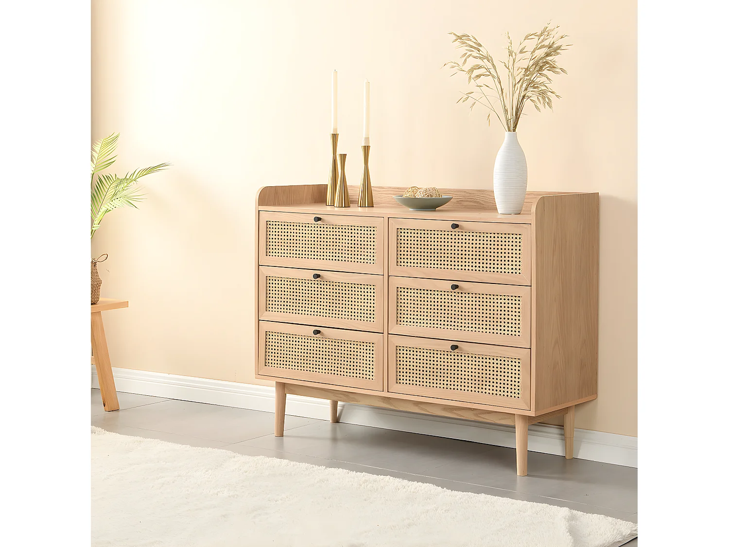 Commode 6 tiroirs en bois et cannage naturel 120 cm - Eden