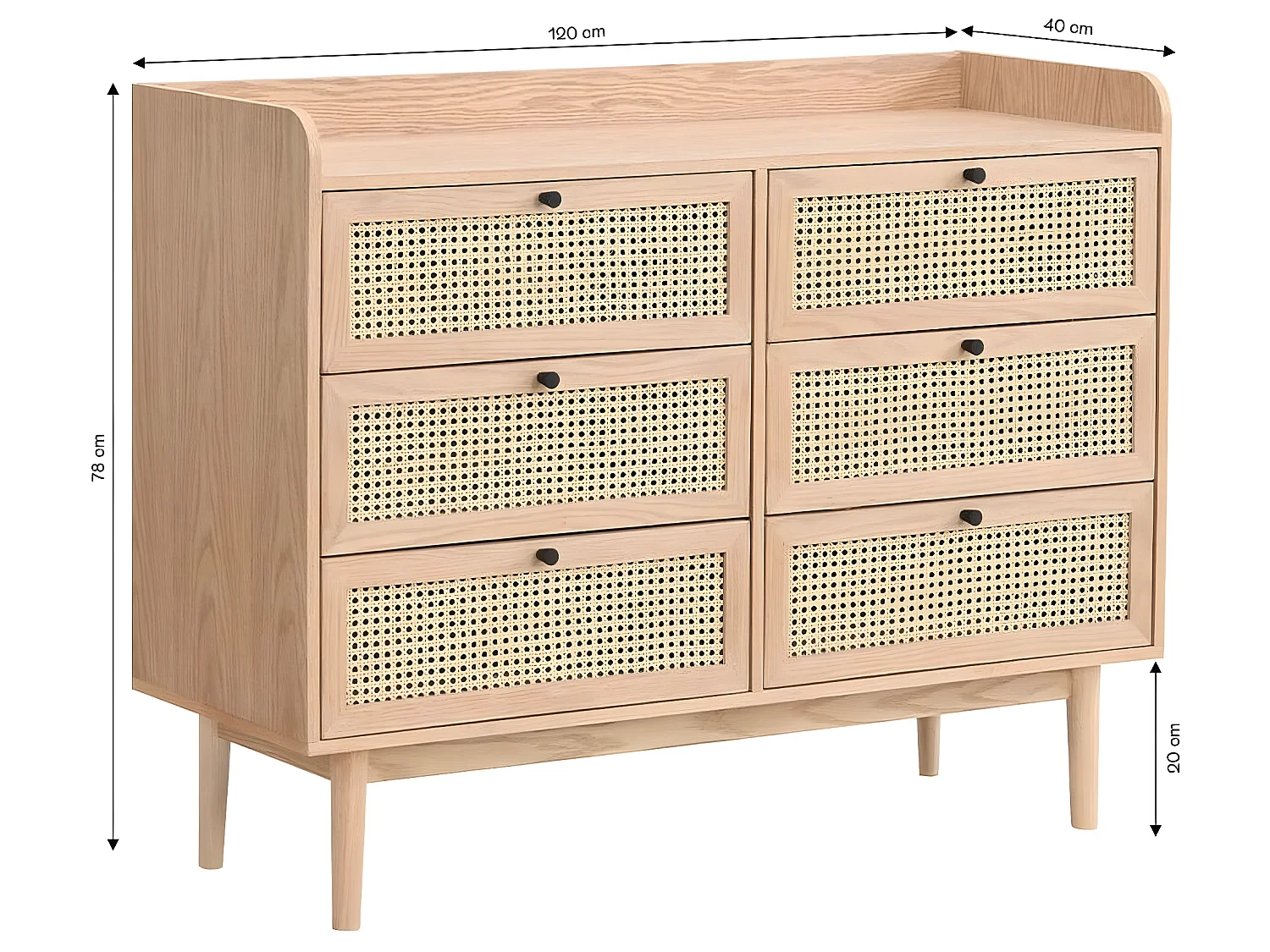 Commode 6 tiroirs en bois et cannage naturel 120 cm - Eden