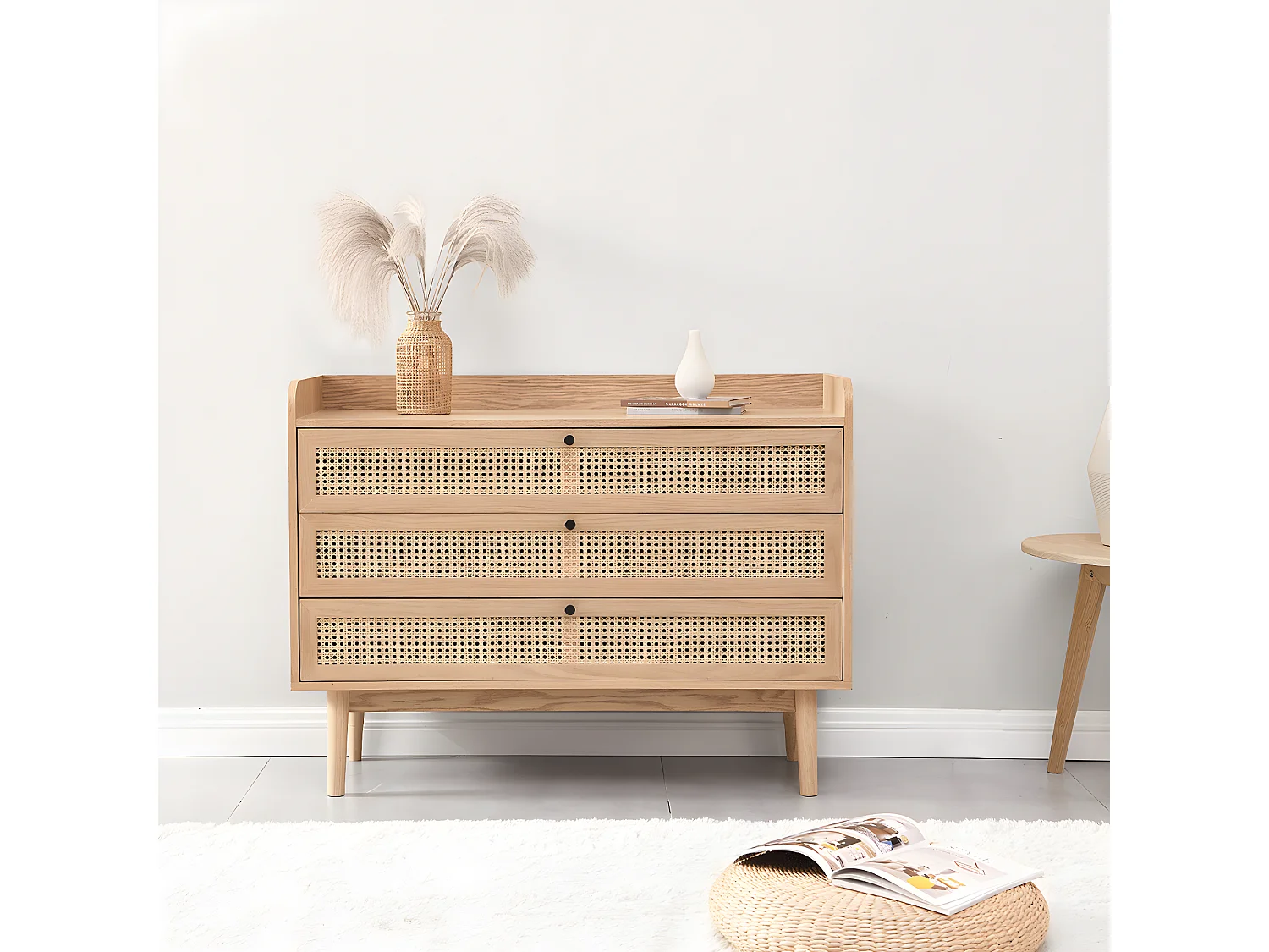 Commode 3 tiroirs en bois et cannage naturel 105 cm - Eden