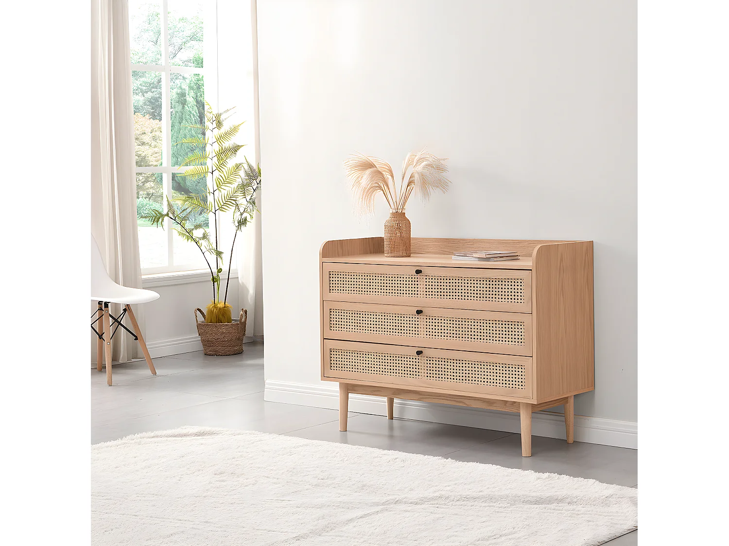 Commode 3 tiroirs en bois et cannage naturel 105 cm - Eden
