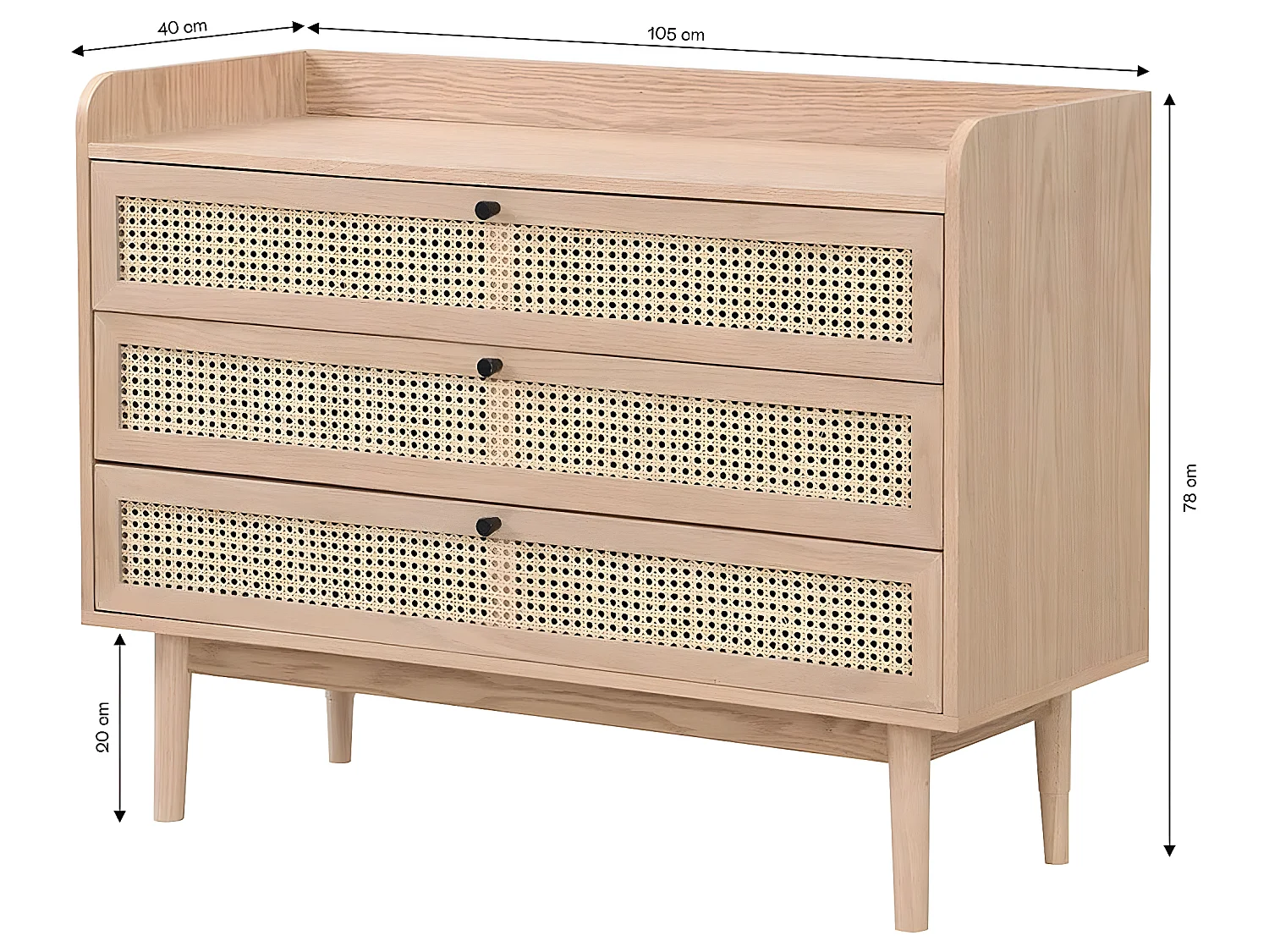 Commode 3 tiroirs en bois et cannage naturel 105 cm - Eden