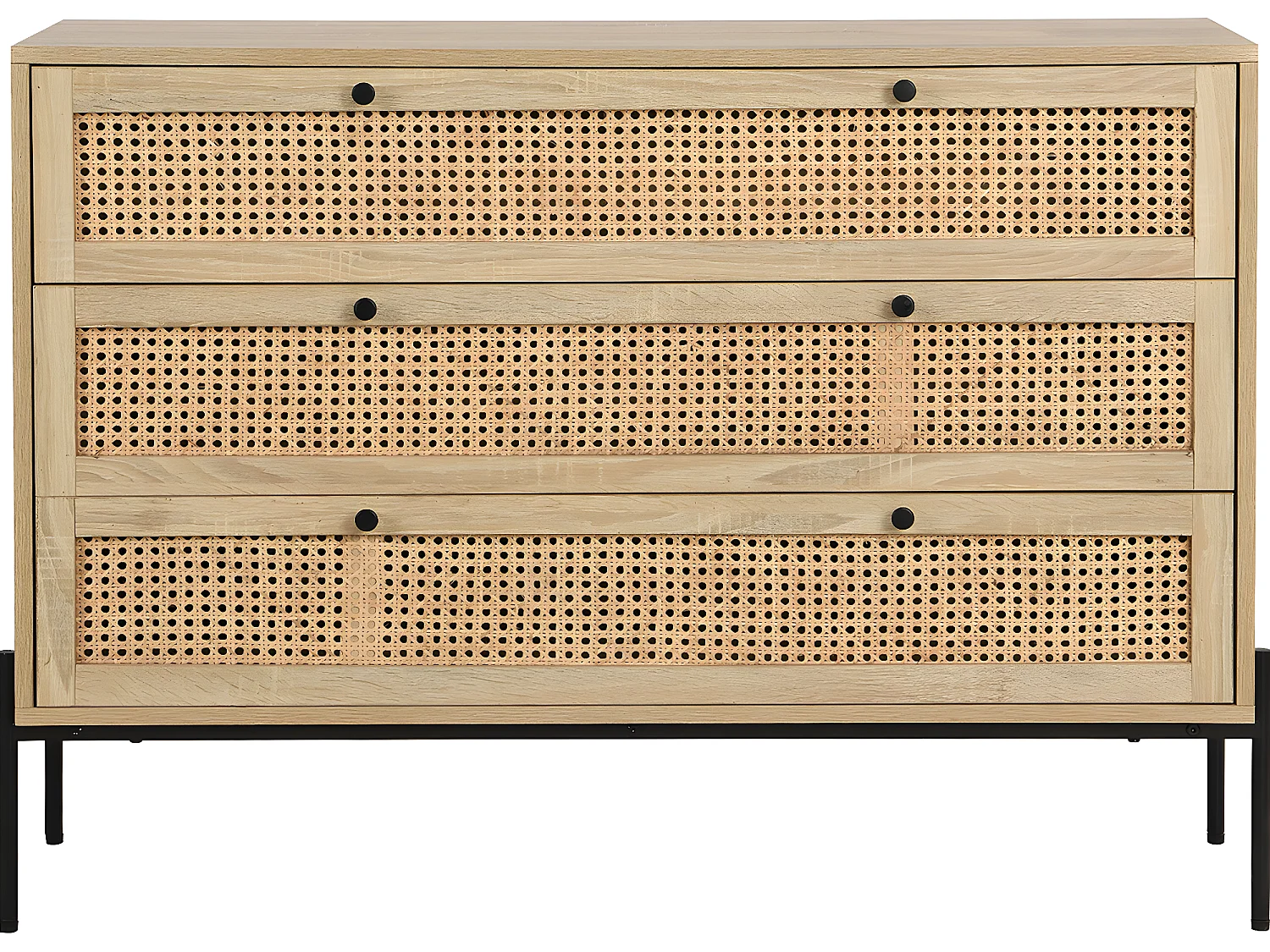 Commode 3 tiroirs en cannage naturel et effet chêne 105 cm - Iris