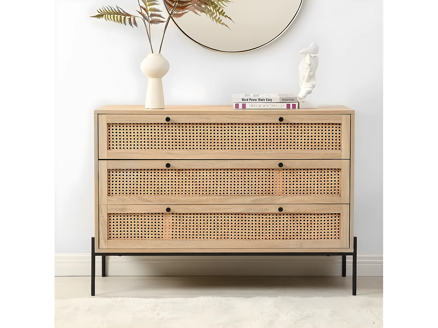 Commode 3 tiroirs en cannage naturel et effet chêne 105 cm - Iris