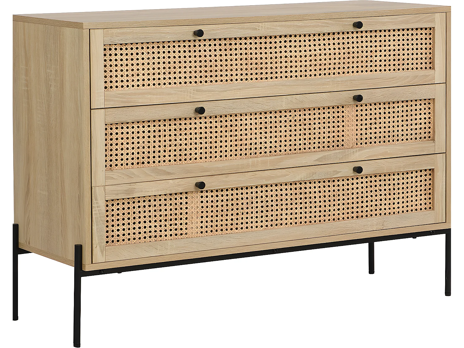 Commode 3 tiroirs en cannage naturel et effet chêne 105 cm - Iris