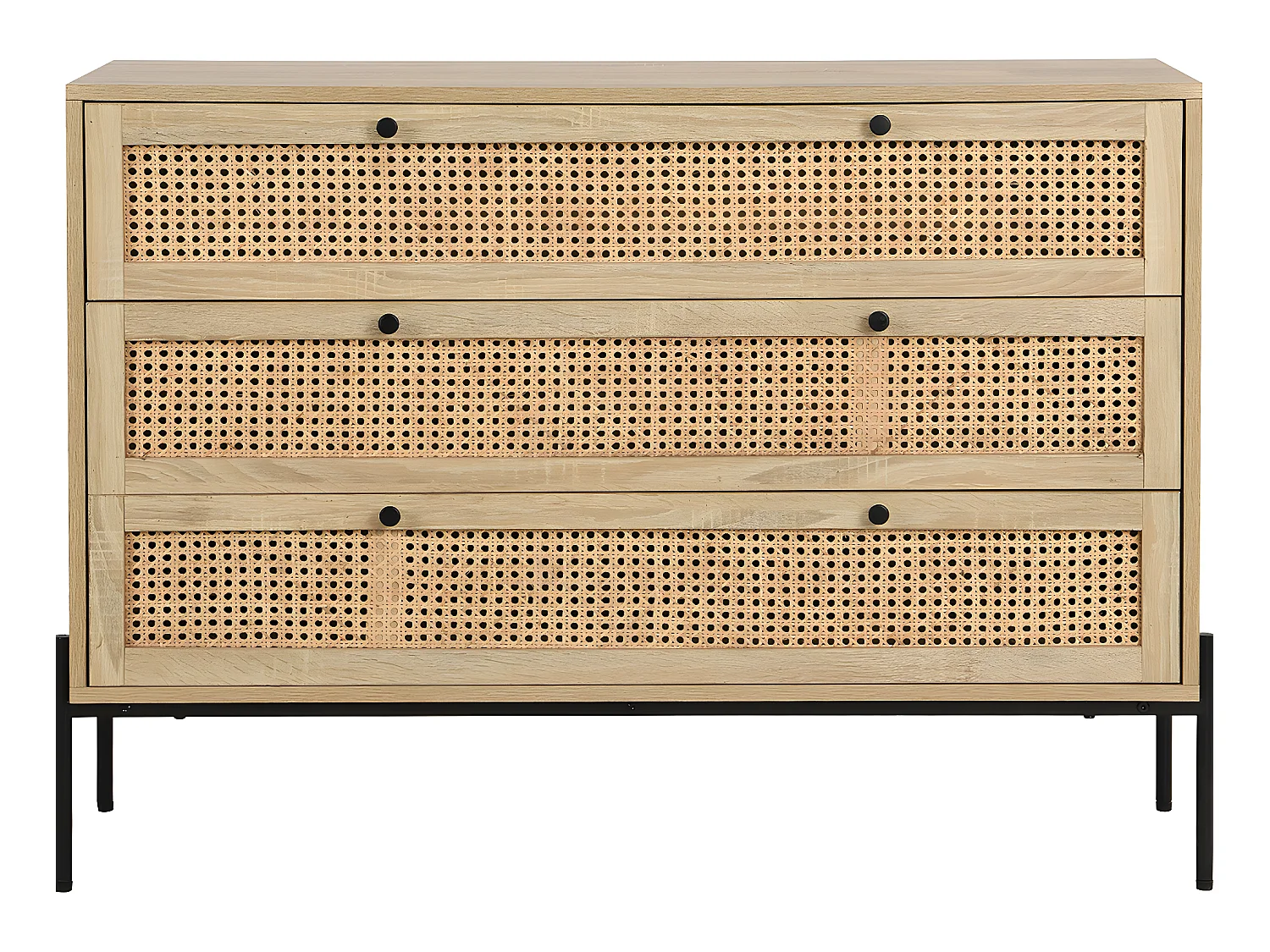 Commode 3 tiroirs en cannage naturel et effet chêne 105 cm - Iris