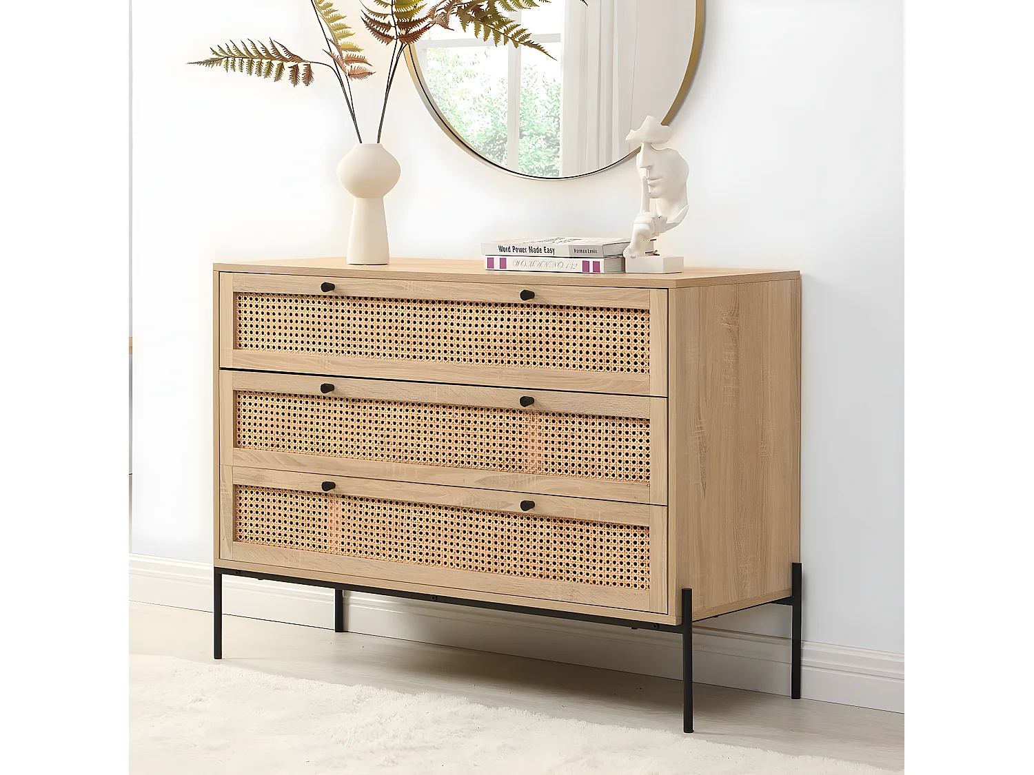 Commode 3 tiroirs en cannage naturel et effet chêne 105 cm - Iris
