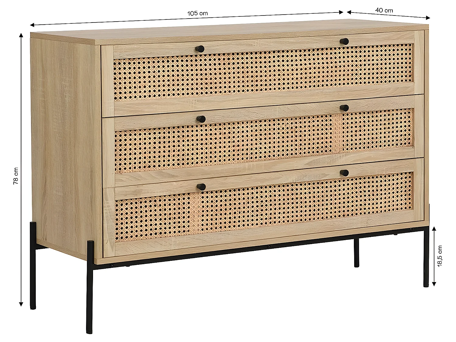 Commode 3 tiroirs en cannage naturel et effet chêne 105 cm - Iris