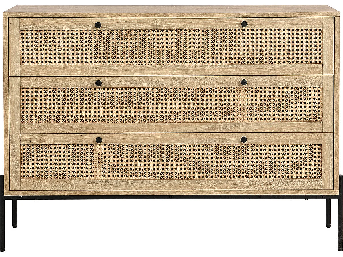 Commode 3 tiroirs en cannage naturel et effet chêne 105 cm - Iris
