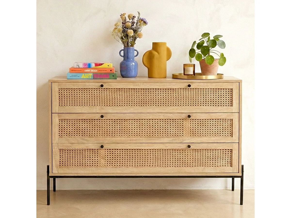 Commode 3 tiroirs en cannage naturel et effet chêne 105 cm - Iris