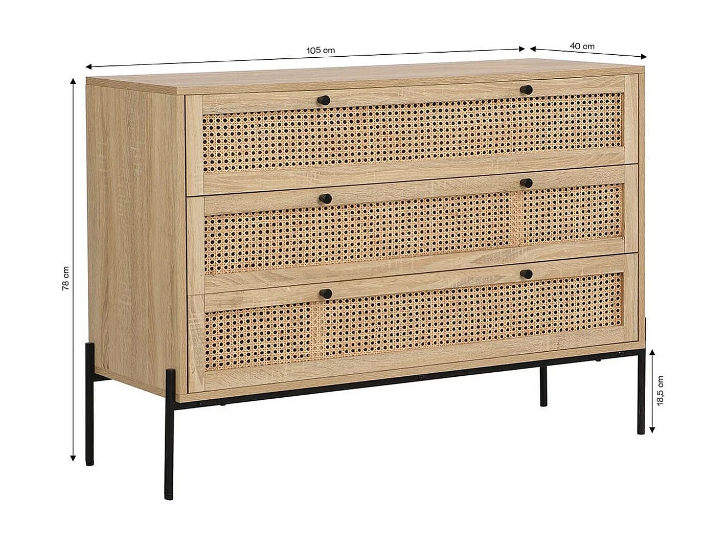 Commode 3 tiroirs en cannage naturel et effet chêne 105 cm - Iris