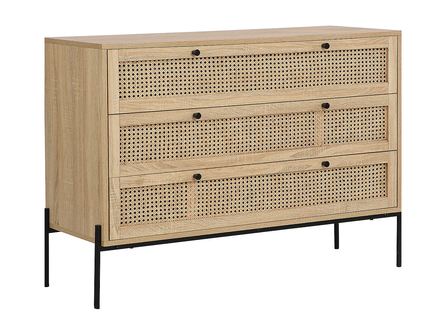 Commode 3 tiroirs en cannage naturel et effet chêne 105 cm - Iris