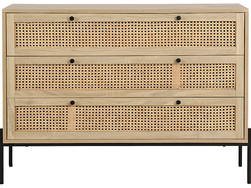 Commode 3 tiroirs en cannage naturel et effet chêne 105 cm - Iris