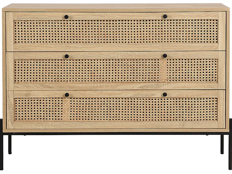 Commode 3 tiroirs en cannage naturel et effet chêne 105 cm - Iris