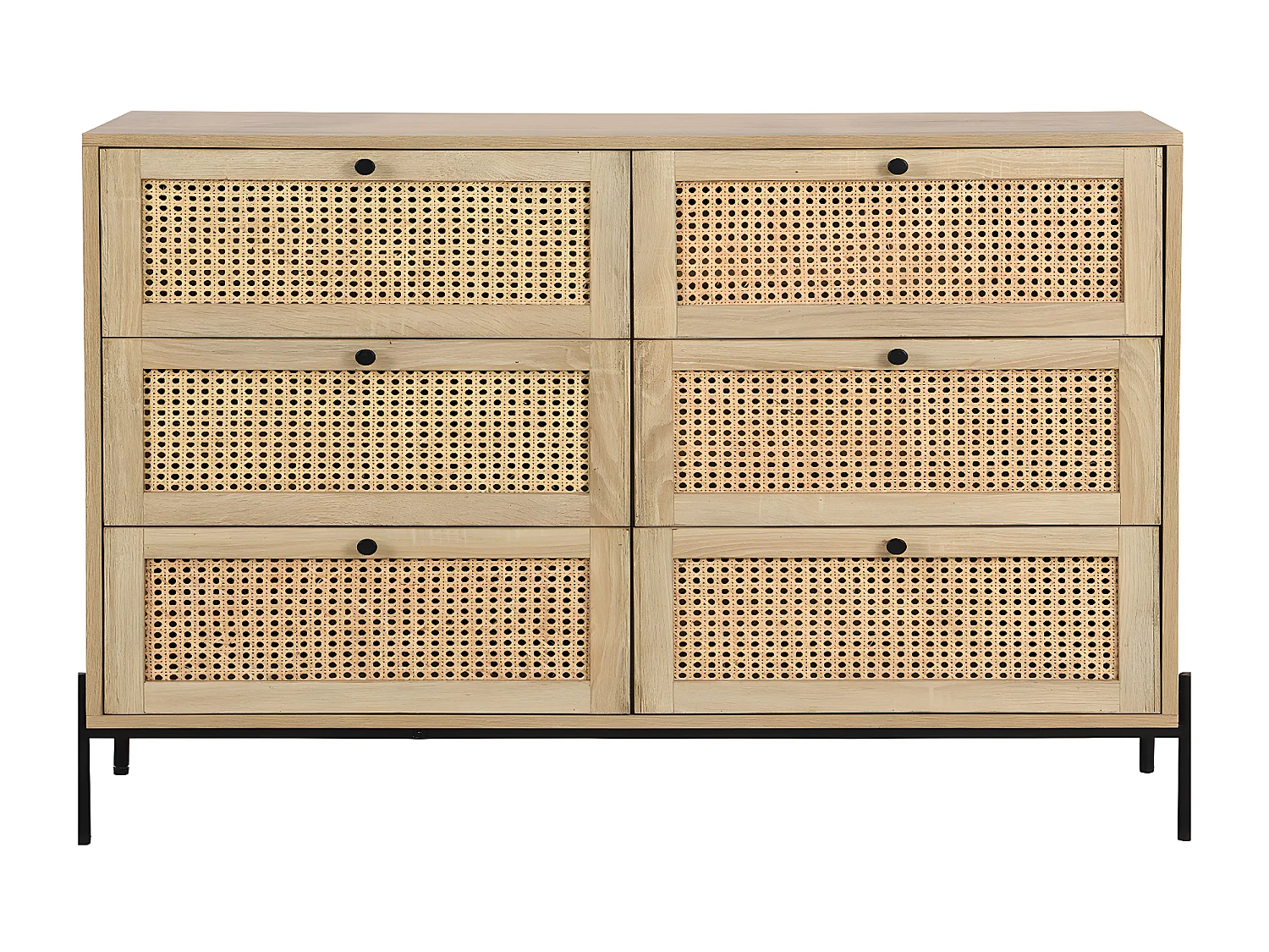 Commode 6 tiroirs en cannage naturel et effet chêne 120 cm - Iris