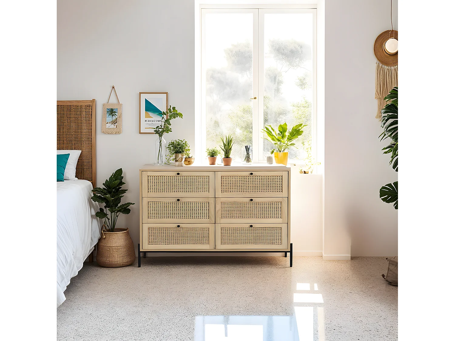 Commode 6 tiroirs en cannage naturel et effet chêne 120 cm - Iris